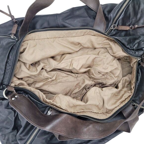 BCBGMAXAZRIA Black Leather Duffle Bag Travel Overnight Gym Weekend Tote Pockets - Picture 13 of 16